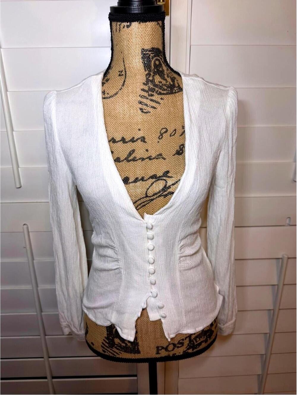 Free People Cream Textured V-Neck Button Blouse